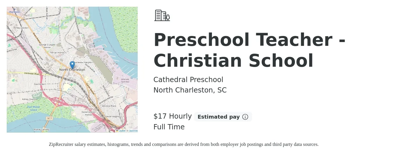 Cathedral Preschool job posting for a Preschool Teacher - Christian School in North Charleston, SC with a salary of $18 Hourly with a map of North Charleston location.