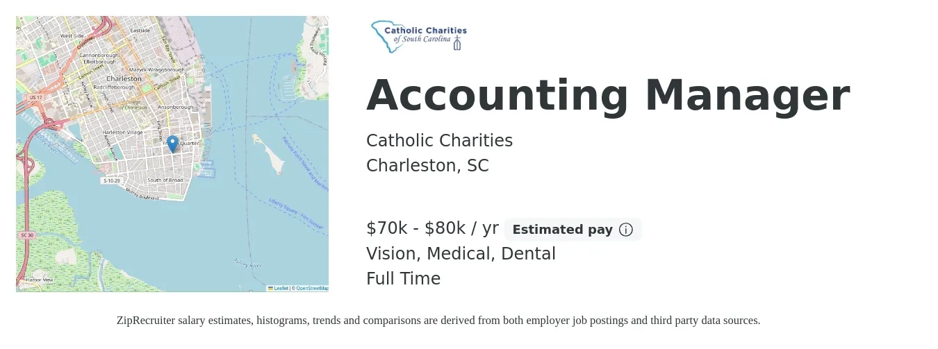 Catholic Charities job posting for a Accounting Manager in Charleston, SC with a salary of $70,000 to $80,000 Yearly and benefits including vision, dental, life_insurance, medical, pto, and retirement with a map of Charleston location.