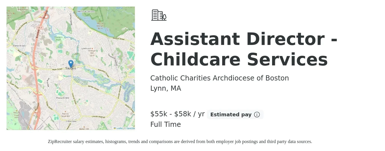 Catholic Charities Archdiocese of Boston job posting for a Assistant Director - Childcare Services in Lynn, MA with a salary of $55,000 to $58,000 Yearly with a map of Lynn location.