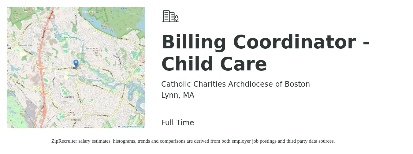 Catholic Charities Archdiocese of Boston job posting for a Billing Coordinator - Child Care in Lynn, MA with a salary of $22 to $33 Hourly with a map of Lynn location.
