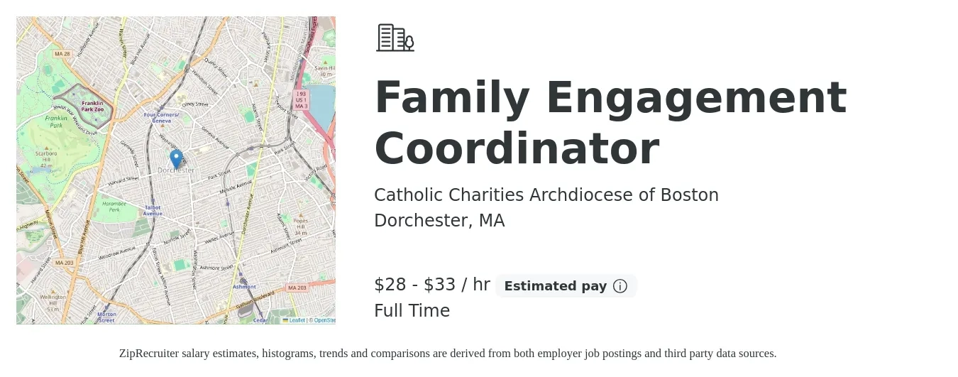 Catholic Charities Archdiocese of Boston job posting for a Family Engagement Coordinator in Dorchester, MA with a salary of $30 to $35 Hourly with a map of Dorchester location.