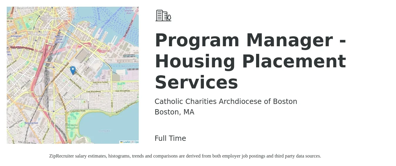 Catholic Charities Archdiocese of Boston job posting for a Program Manager - Housing Placement Services in Boston, MA with a salary of $57,600 to $96,700 Yearly with a map of Boston location.