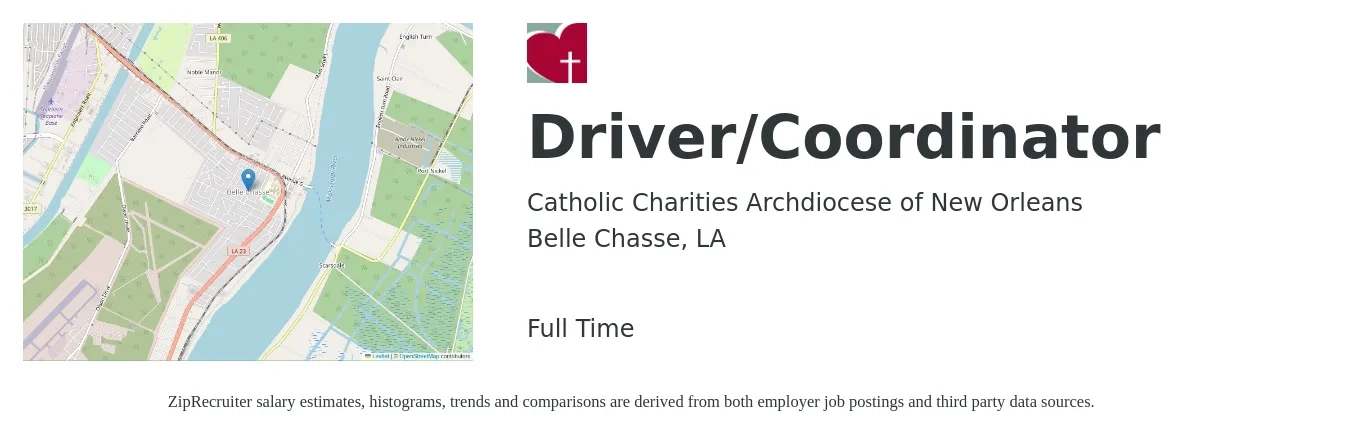 Catholic Charities Archdiocese of New Orleans job posting for a Driver/Coordinator in Belle Chasse, LA with a salary of $18 to $28 Hourly with a map of Belle Chasse location.