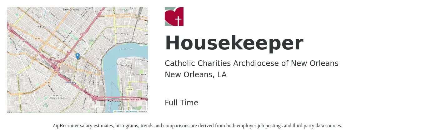 Catholic Charities Archdiocese of New Orleans job posting for a Housekeeper in New Orleans, LA with a salary of $13 to $17 Hourly with a map of New Orleans location.