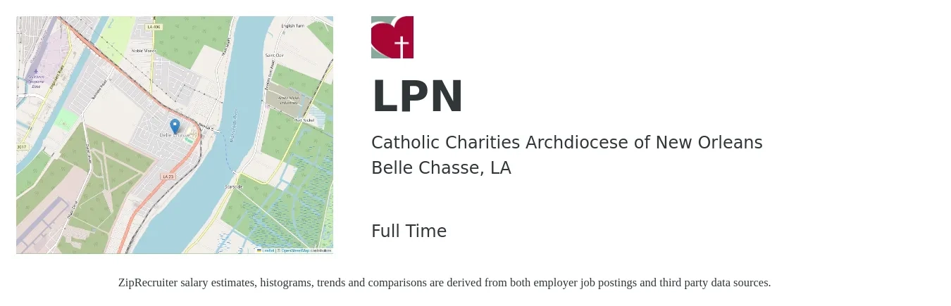 Catholic Charities Archdiocese of New Orleans job posting for a LPN in Belle Chasse, LA with a salary of $25 to $34 Hourly with a map of Belle Chasse location.