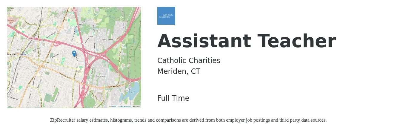 Catholic Charities job posting for a Assistant Teacher in Meriden, CT with a salary of $14 to $18 Hourly with a map of Meriden location.