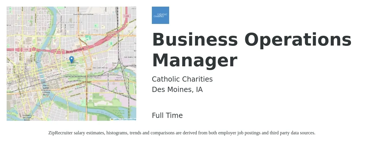 Catholic Charities job posting for a Business Operations Manager in Des Moines, IA with a salary of $63,400 to $106,900 Yearly with a map of Des Moines location.