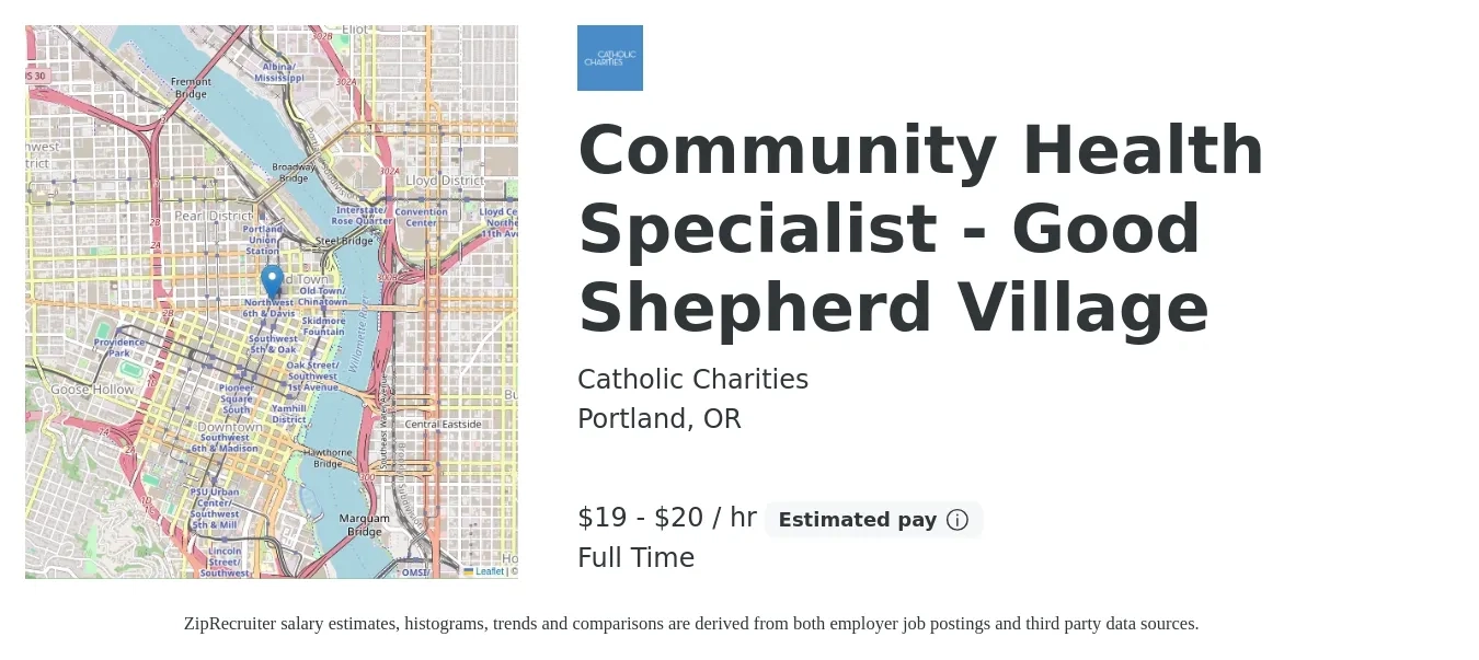 Catholic Charities job posting for a Community Health Specialist - Good Shepherd Village in Portland, OR with a salary of $20 to $22 Hourly with a map of Portland location.