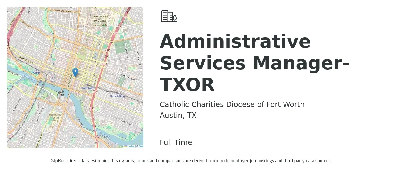 Catholic Charities Diocese of Fort Worth job posting for a Administrative Services Manager- TXOR in Austin, TX with a salary of $61,500 to $103,100 Yearly with a map of Austin location.