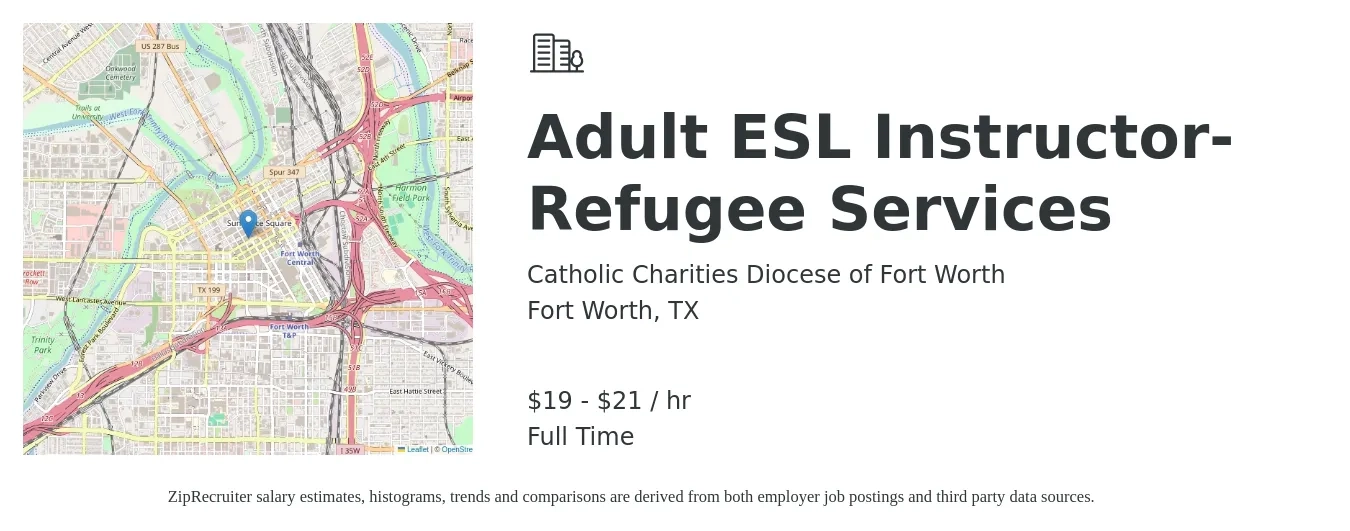 Catholic Charities Diocese of Fort Worth job posting for a Adult ESL Instructor- Refugee Services in Fort Worth, TX with a salary of $20 to $22 Hourly with a map of Fort Worth location.