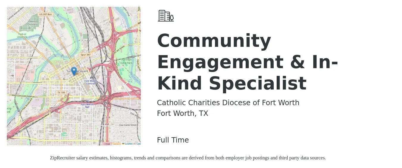 Catholic Charities Diocese of Fort Worth job posting for a Community Engagement & In-Kind Specialist in Fort Worth, TX with a salary of $36,000 to $60,200 Yearly with a map of Fort Worth location.