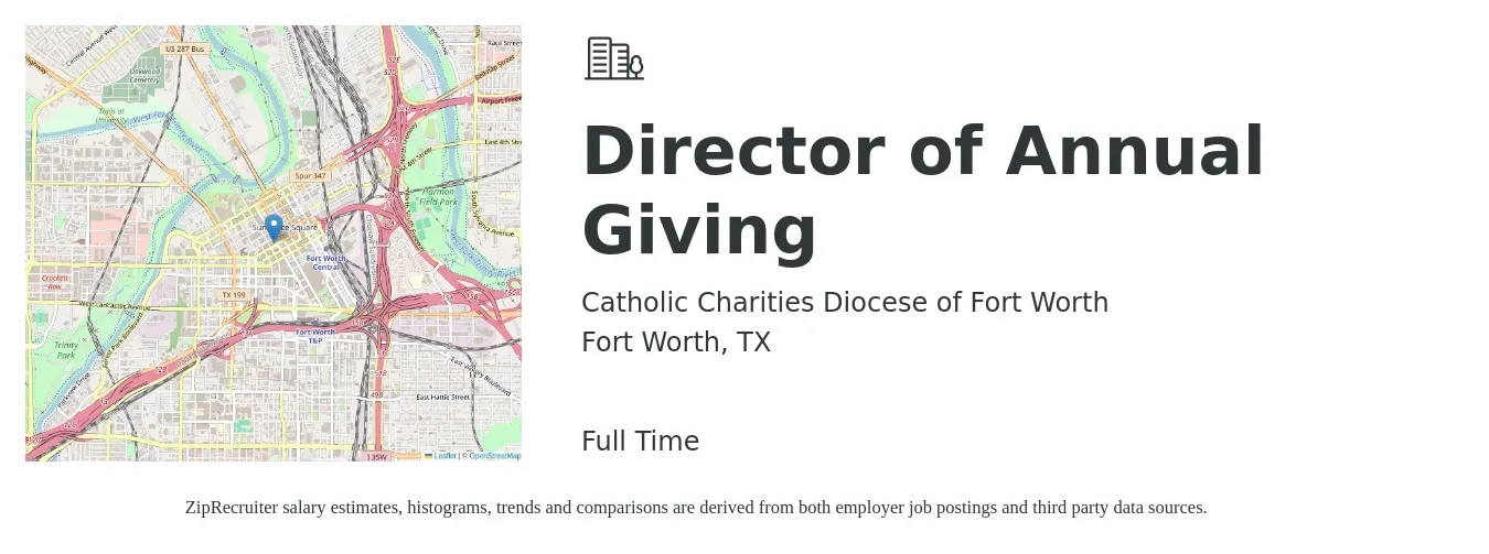 Catholic Charities Diocese of Fort Worth job posting for a Director of Annual Giving in Fort Worth, TX with a salary of $63,200 to $94,000 Yearly with a map of Fort Worth location.