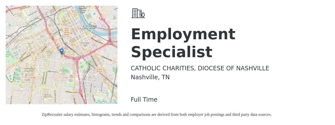 CATHOLIC CHARITIES, DIOCESE OF NASHVILLE job posting for a Employment Specialist in Nashville, TN with a salary of $40,600 to $76,800 Yearly with a map of Nashville location.