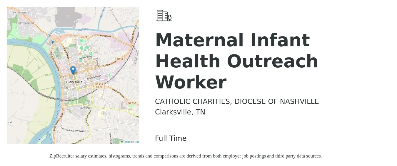 CATHOLIC CHARITIES, DIOCESE OF NASHVILLE job posting for a Maternal Infant Health Outreach Worker in Clarksville, TN with a salary of $16 to $20 Hourly with a map of Clarksville location.