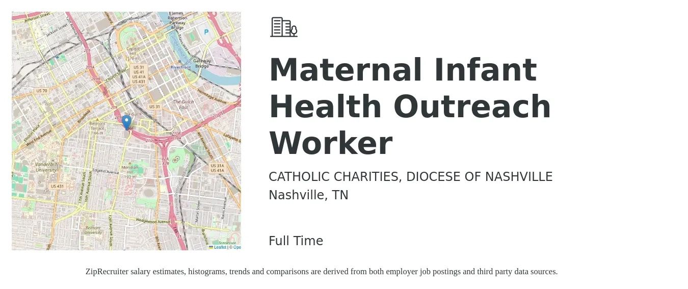 CATHOLIC CHARITIES, DIOCESE OF NASHVILLE job posting for a Maternal Infant Health Outreach Worker in Nashville, TN with a salary of $18 to $22 Hourly with a map of Nashville location.
