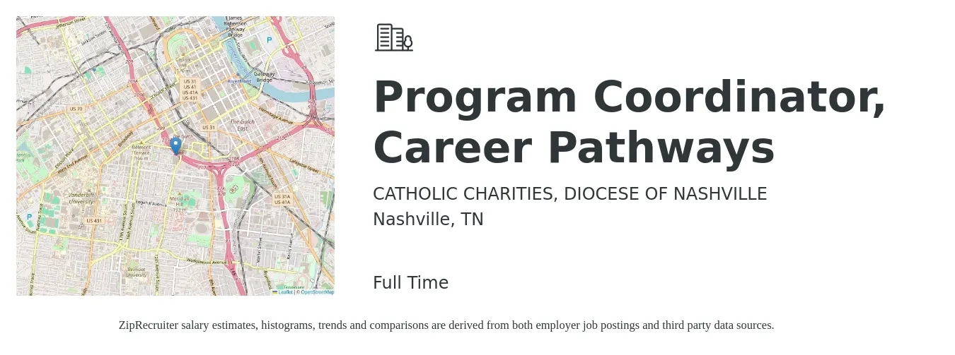 CATHOLIC CHARITIES, DIOCESE OF NASHVILLE job posting for a Program Coordinator, Career Pathways in Nashville, TN with a salary of $40,600 to $59,900 Yearly with a map of Nashville location.