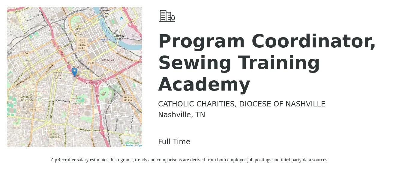CATHOLIC CHARITIES, DIOCESE OF NASHVILLE job posting for a Program Coordinator, Sewing Training Academy in Nashville, TN with a salary of $14 to $18 Hourly with a map of Nashville location.