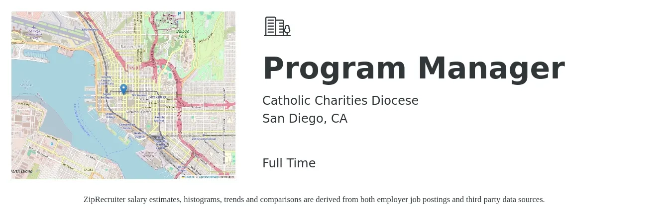 Catholic Charities Diocese job posting for a Program Manager in San Diego, CA with a salary of $72,000 to $75,000 Yearly with a map of San Diego location.