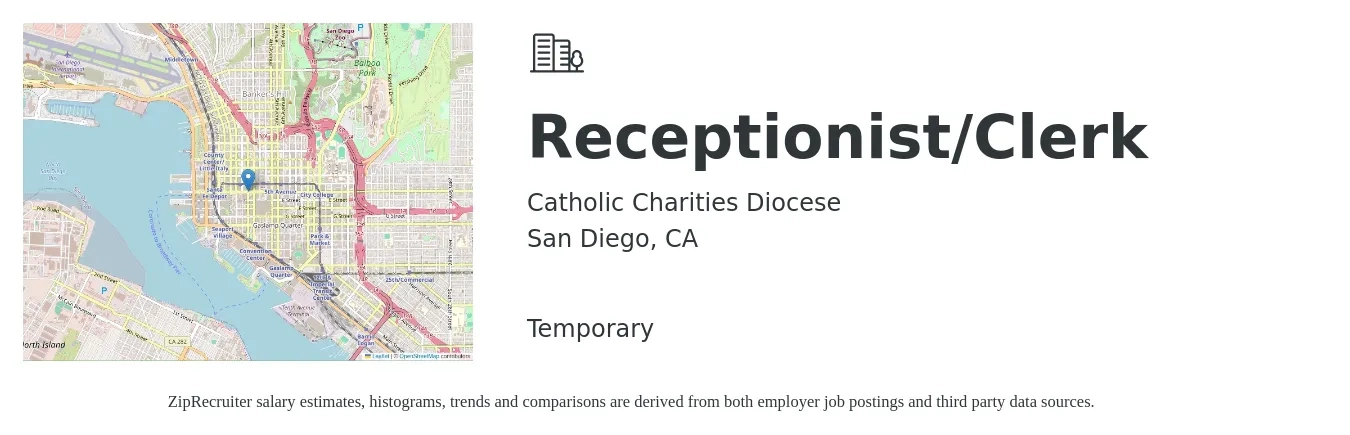 Catholic Charities Diocese job posting for a Receptionist/Clerk in San Diego, CA with a salary of $25 to $27 Hourly with a map of San Diego location.