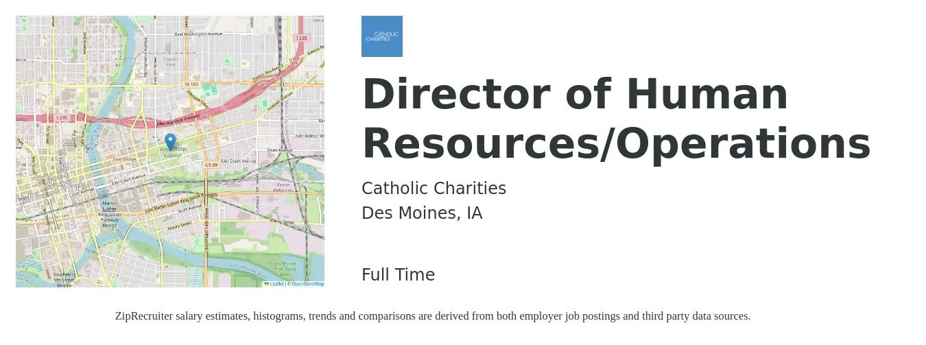 Catholic Charities job posting for a Director of Human Resources/Operations in Des Moines, IA with a salary of $75,600 to $129,800 Yearly with a map of Des Moines location.