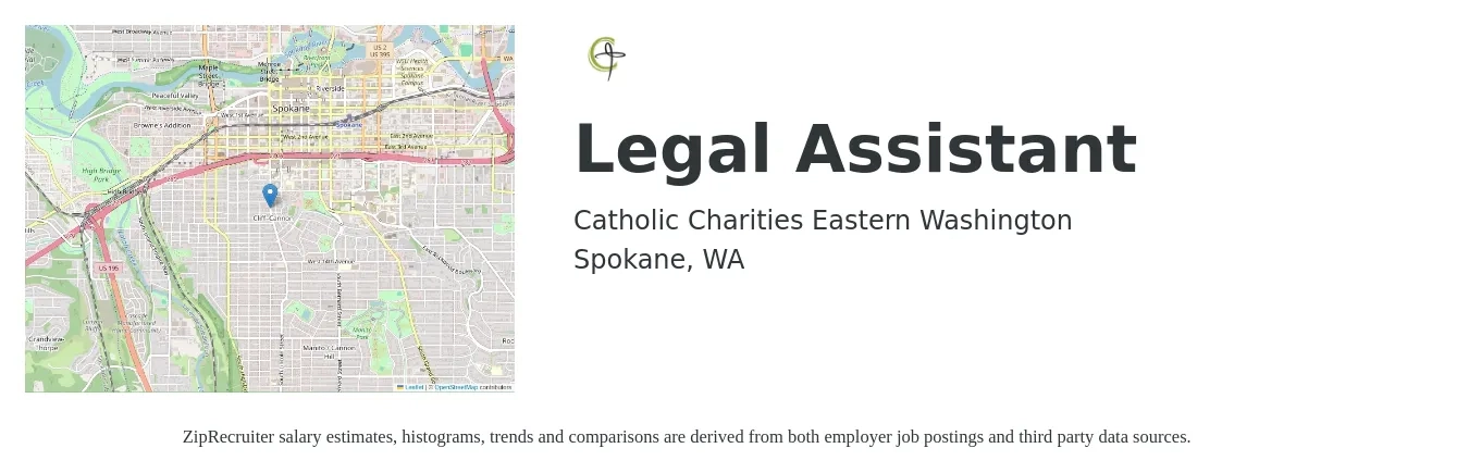 Catholic Charities Eastern Washington job posting for a Legal Assistant in Spokane, WA with a salary of $23 to $30 Hourly with a map of Spokane location.