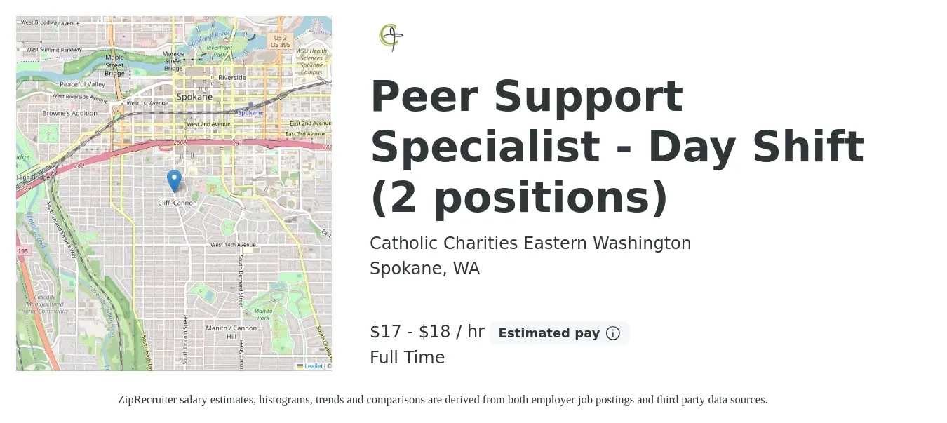 Catholic Charities Eastern Washington job posting for a Peer Support Specialist - Day Shift (2 positions) in Spokane, WA with a salary of $18 to $23 Hourly with a map of Spokane location.