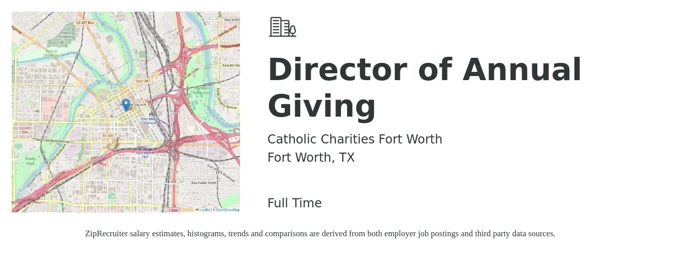 Catholic Charities Fort Worth job posting for a Director of Annual Giving in Fort Worth, TX with a salary of $63,200 to $94,000 Yearly with a map of Fort Worth location.
