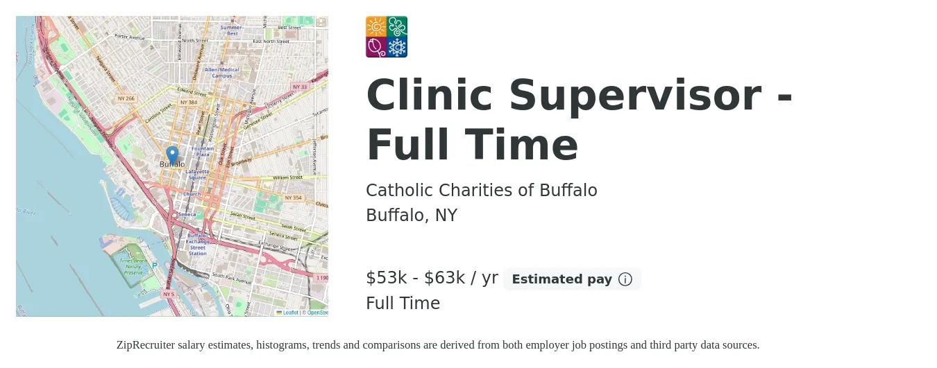 Catholic Charities of Buffalo job posting for a Clinic Supervisor - Full Time in Buffalo, NY with a salary of $53,144 to $63,896 Yearly with a map of Buffalo location.