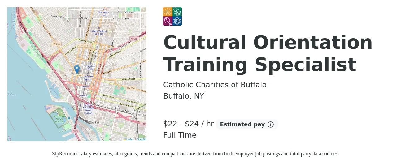 Catholic Charities of Buffalo job posting for a Cultural Orientation Training Specialist in Buffalo, NY with a salary of $23 to $26 Hourly with a map of Buffalo location.