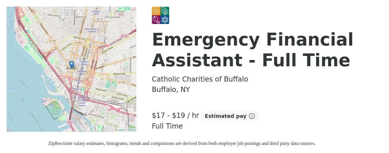 Catholic Charities of Buffalo job posting for a Emergency Financial Assistant - Full Time in Buffalo, NY with a salary of $18 to $20 Hourly with a map of Buffalo location.