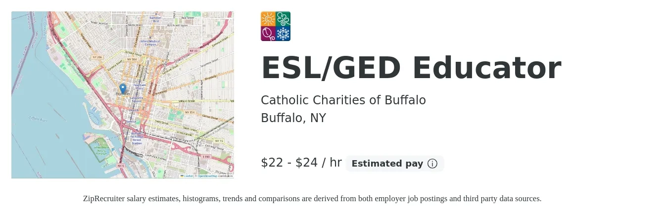 Catholic Charities of Buffalo job posting for a ESL/GED Educator in Buffalo, NY with a salary of $23 to $25 Hourly with a map of Buffalo location.