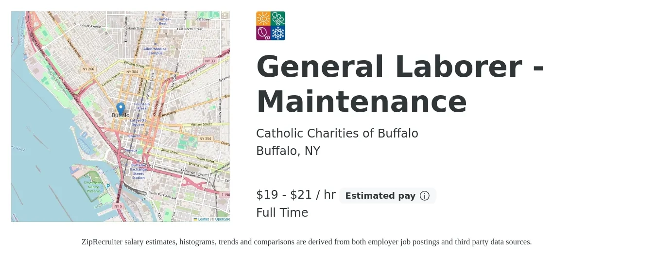 Catholic Charities of Buffalo job posting for a General Laborer - Maintenance in Buffalo, NY with a salary of $20 to $22 Hourly with a map of Buffalo location.