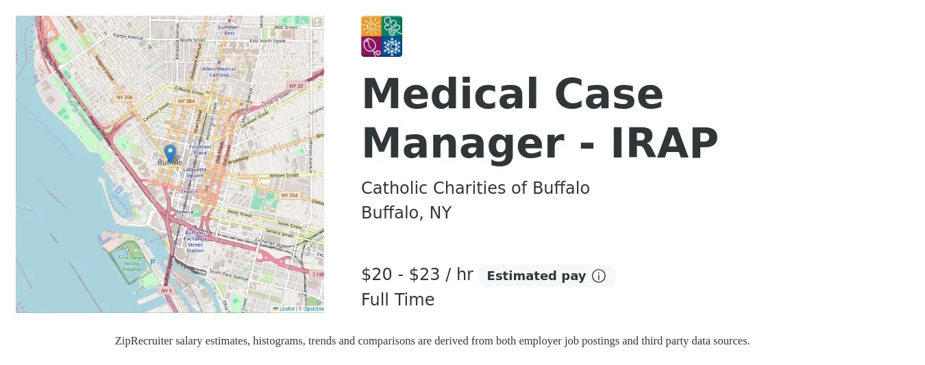 Catholic Charities of Buffalo job posting for a Medical Case Manager - IRAP in Buffalo, NY with a salary of $22 to $24 Hourly with a map of Buffalo location.