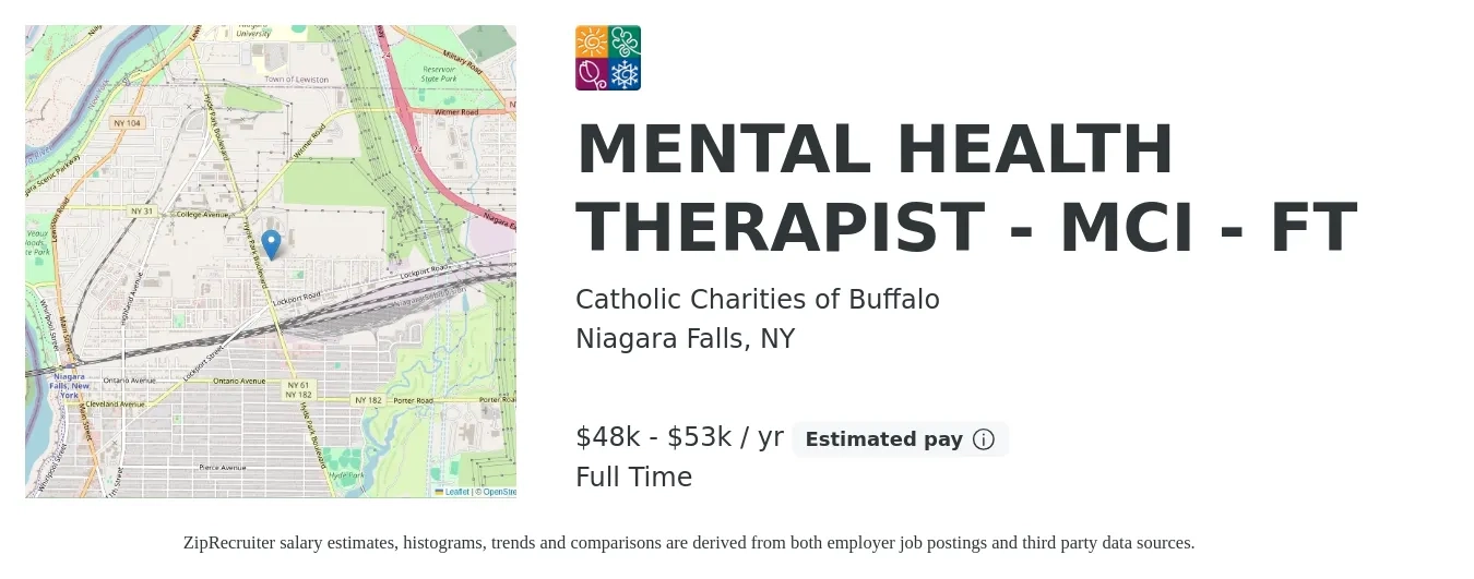 Catholic Charities of Buffalo job posting for a MENTAL HEALTH THERAPIST - MCI - FT in Niagara Falls, NY with a salary of $48,691 to $53,758 Yearly with a map of Niagara Falls location.