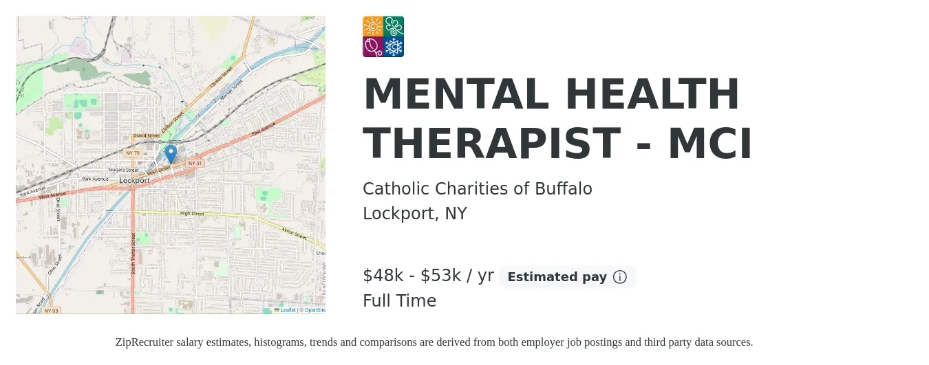 Catholic Charities of Buffalo job posting for a MENTAL HEALTH THERAPIST - MCI in Lockport, NY with a salary of $48,691 to $53,758 Yearly with a map of Lockport location.
