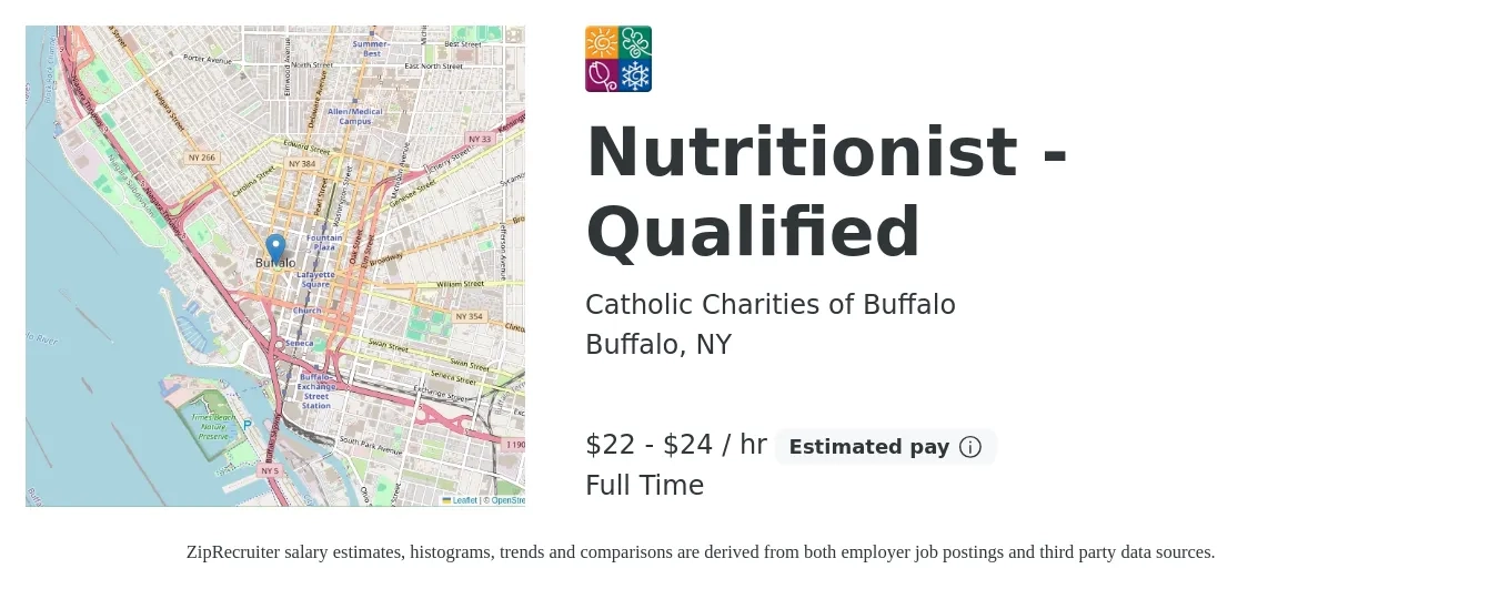 Catholic Charities of Buffalo job posting for a Nutritionist - Qualified in Buffalo, NY with a salary of $23 to $26 Hourly with a map of Buffalo location.