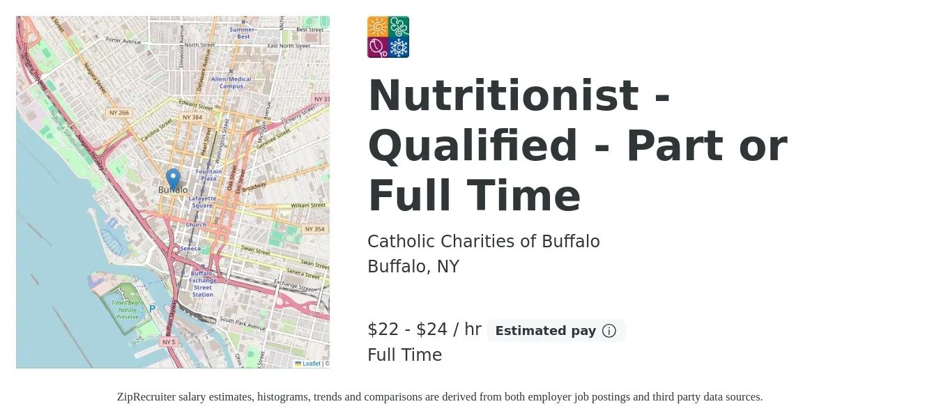 Catholic Charities of Buffalo job posting for a Nutritionist - Qualified - Part or Full Time in Buffalo, NY with a salary of $23 to $26 Hourly with a map of Buffalo location.