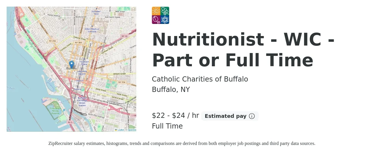 Catholic Charities of Buffalo job posting for a Nutritionist - WIC - Part or Full Time in Buffalo, NY with a salary of $23 to $26 Hourly with a map of Buffalo location.