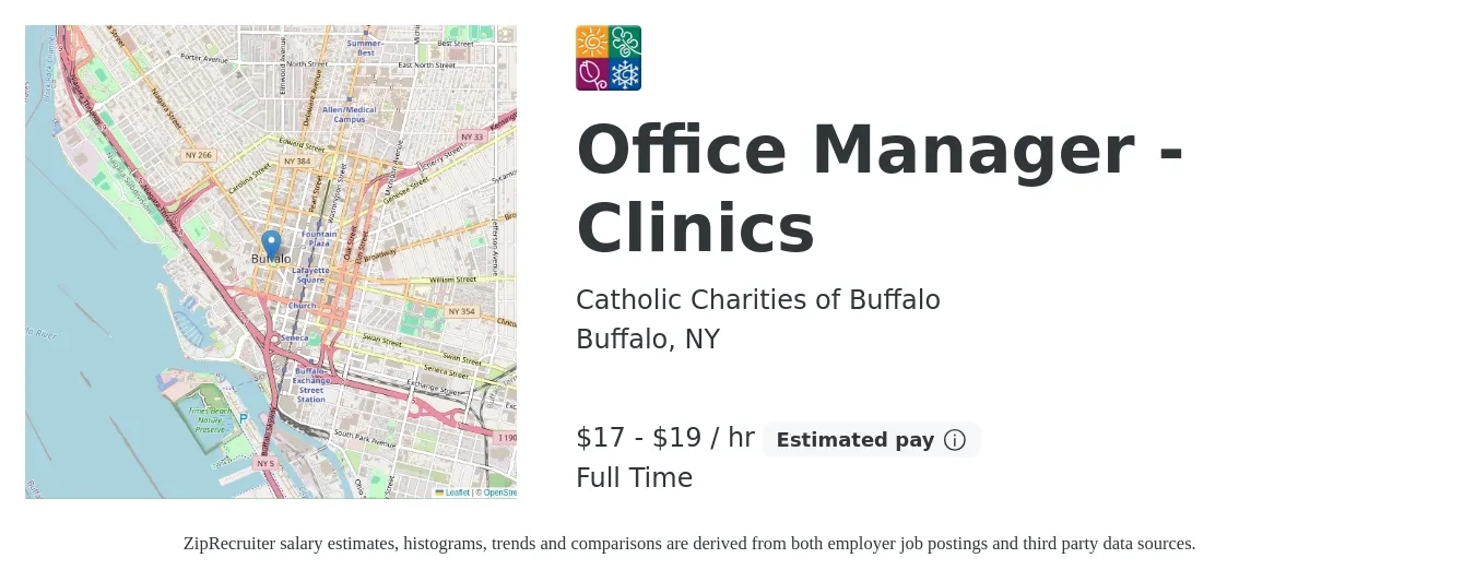 Catholic Charities of Buffalo job posting for a Office Manager - Clinics in Buffalo, NY with a salary of $18 to $20 Hourly with a map of Buffalo location.