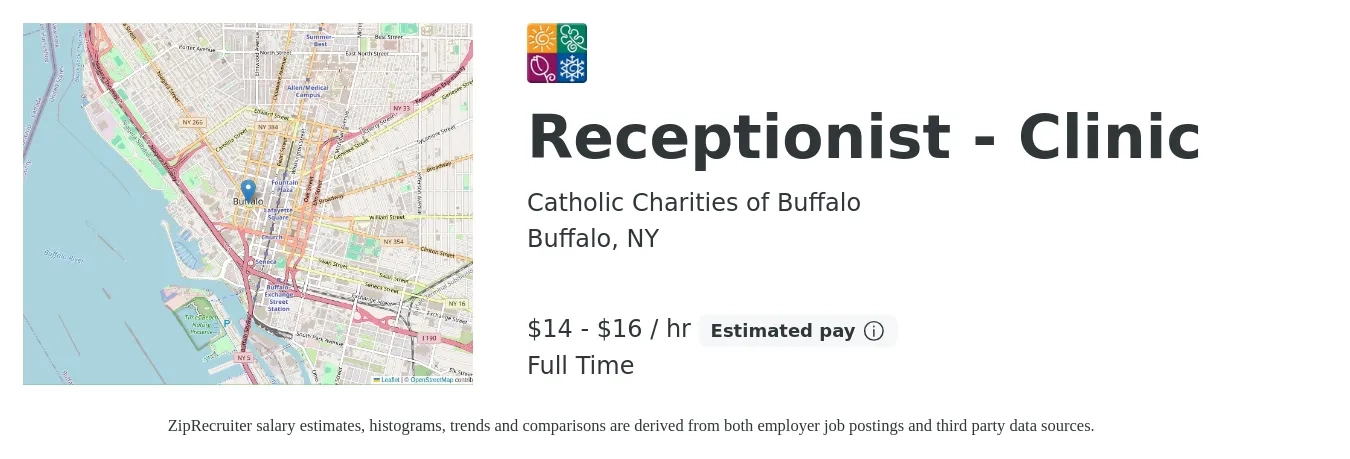 Catholic Charities of Buffalo job posting for a Receptionist - Clinic in Buffalo, NY with a salary of $15 to $17 Hourly with a map of Buffalo location.