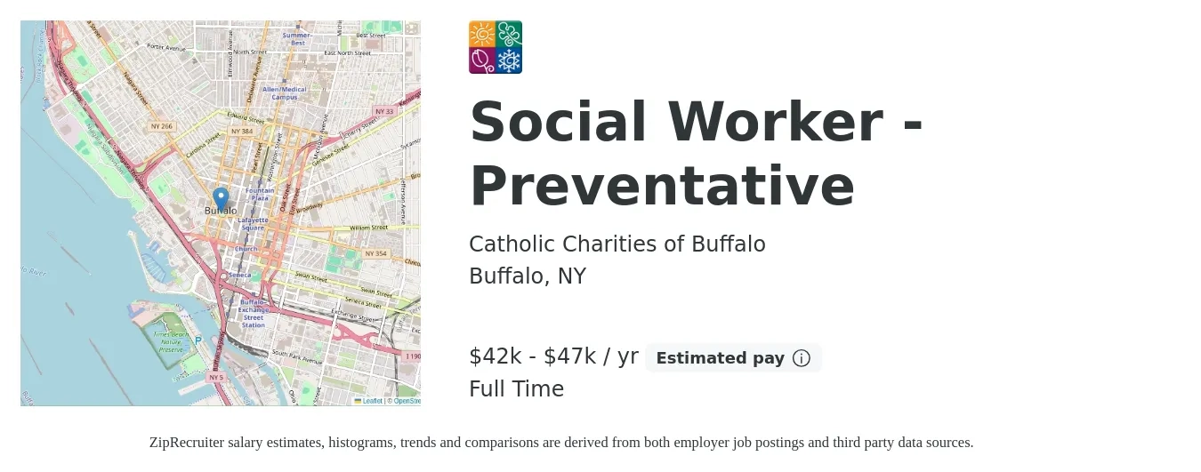 Catholic Charities of Buffalo job posting for a Social Worker - Preventative in Buffalo, NY with a salary of $42,604 to $47,039 Yearly with a map of Buffalo location.