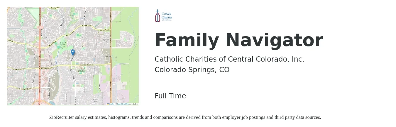 Catholic Charities of Central Colorado, Inc. job posting for a Family Navigator in Colorado Springs, CO with a salary of $20 to $26 Hourly with a map of Colorado Springs location.