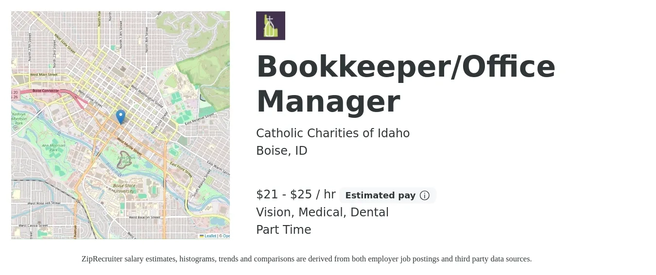 Catholic Charities of Idaho job posting for a Bookkeeper/Office Manager in Boise, ID with a salary of $22 to $26 Hourly and benefits including medical, retirement, vision, and dental with a map of Boise location.