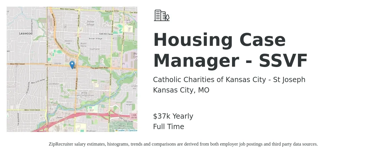 Catholic Charities of Kansas City - St Joseph job posting for a Housing Case Manager - SSVF in Kansas City, MO with a salary of $37,000 Yearly with a map of Kansas City location.