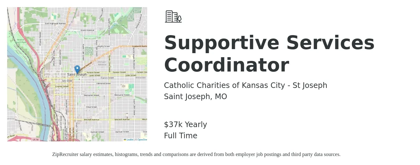 Catholic Charities of Kansas City - St Joseph job posting for a Supportive Services Coordinator in Saint Joseph, MO with a salary of $37,000 Yearly with a map of Saint Joseph location.