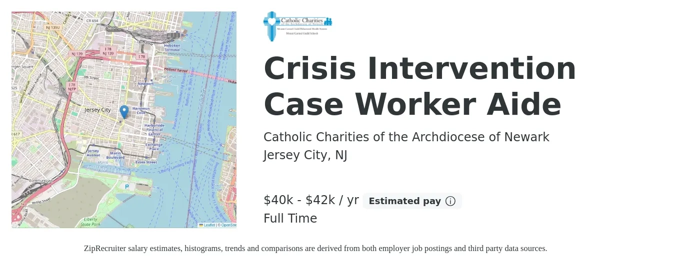Catholic Charities of the Archdiocese of Newark job posting for a Crisis Intervention Case Worker Aide in Jersey City, NJ with a salary of $40,000 to $42,000 Yearly with a map of Jersey City location.