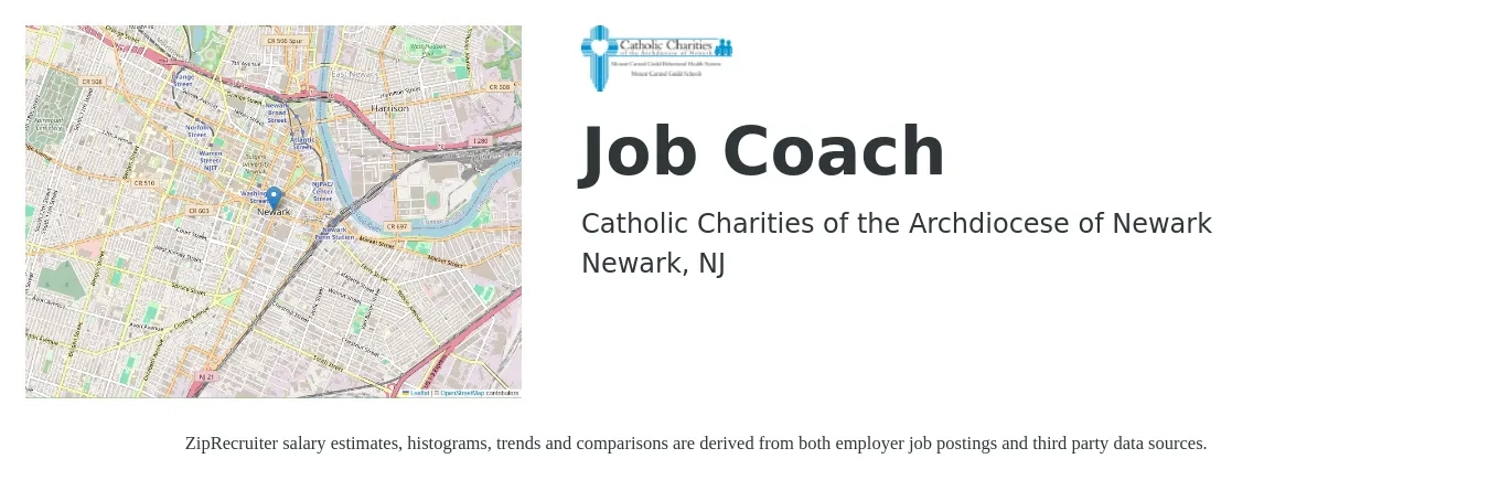 Catholic Charities of the Archdiocese of Newark job posting for a Job Coach in Newark, NJ with a salary of $40,000 Yearly with a map of Newark location.