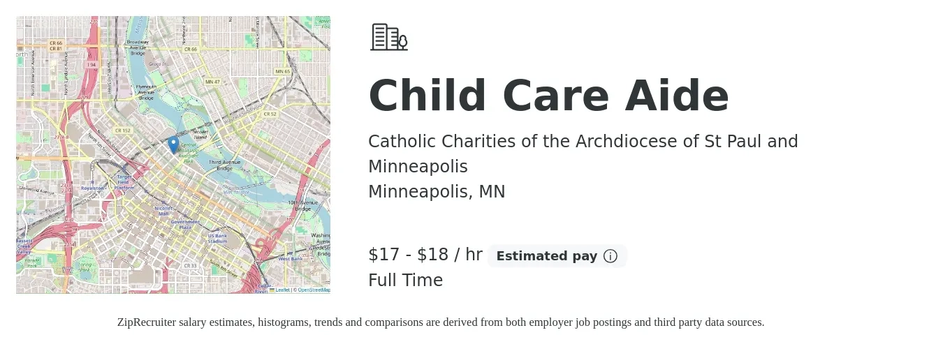 Catholic Charities of the Archdiocese of St Paul and Minneapolis job posting for a Child Care Aide in Minneapolis, MN with a salary of $18 to $19 Hourly with a map of Minneapolis location.