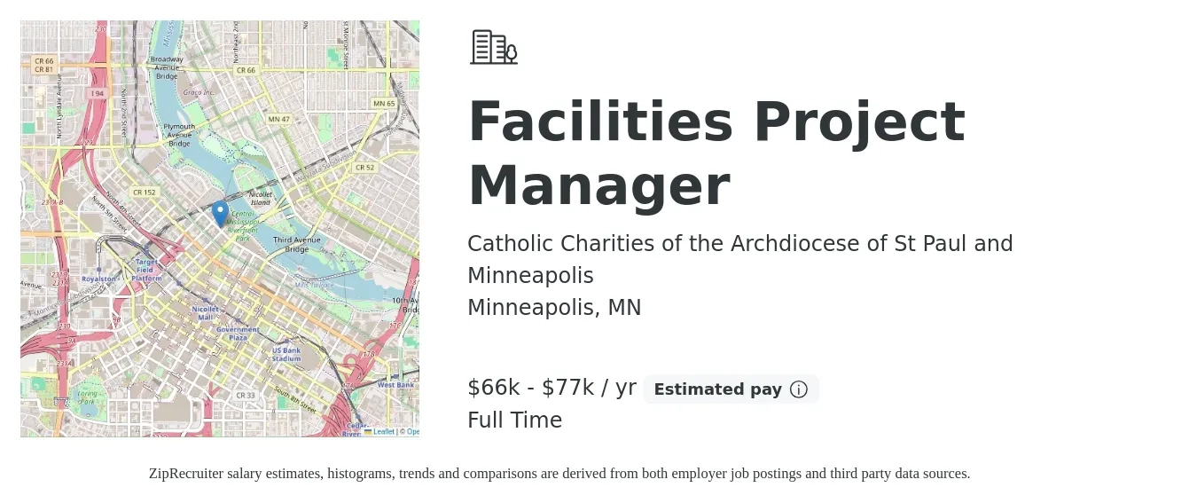 Catholic Charities of the Archdiocese of St Paul and Minneapolis job posting for a Facilities Project Manager in Minneapolis, MN with a salary of $66,000 to $77,000 Yearly with a map of Minneapolis location.