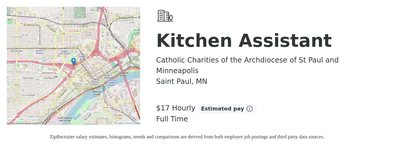 Catholic Charities of the Archdiocese of St Paul and Minneapolis job posting for a Kitchen Assistant in Saint Paul, MN with a salary of $18 to $18 Hourly with a map of Saint Paul location.